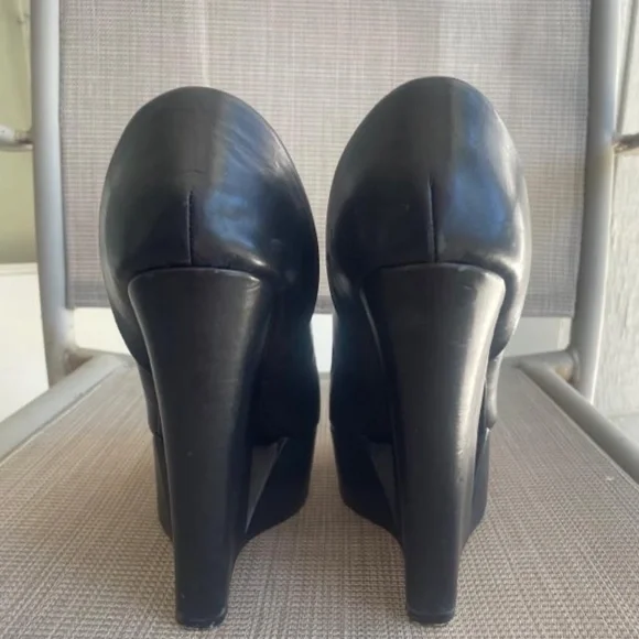 L.A.M.B. Black Leather Amour Wedge Cut Out Platform Heels - Picture 7 of 9